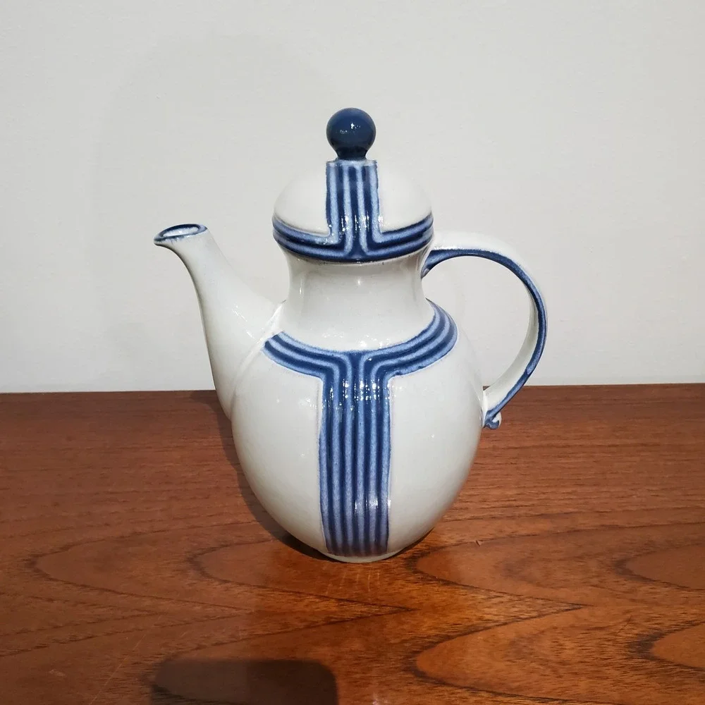 German Steingutzes Gutezeichen Ceramic Coffee Pot Blue and White Mid Century